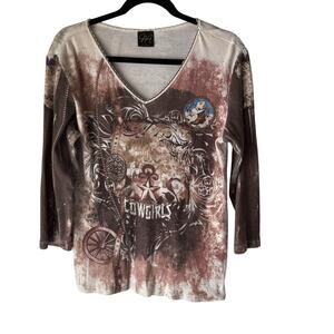 Katina Marie Shirt Large Brown Western Cowgirls Graphic Long Sleeve USA Grunge